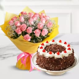 Charming Pink Rose Bouquet with Decadent Chocolate Cake 1