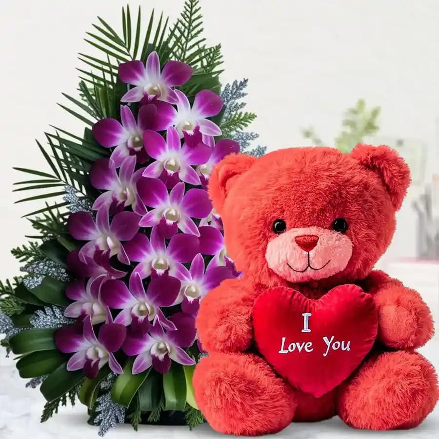 Charming Purple Orchid and Cuddly Bear Surprise