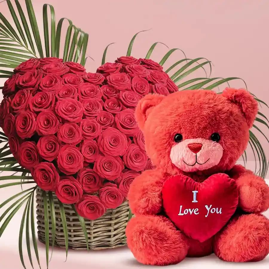Romantic Red Rose Heart and Cuddly Teddy