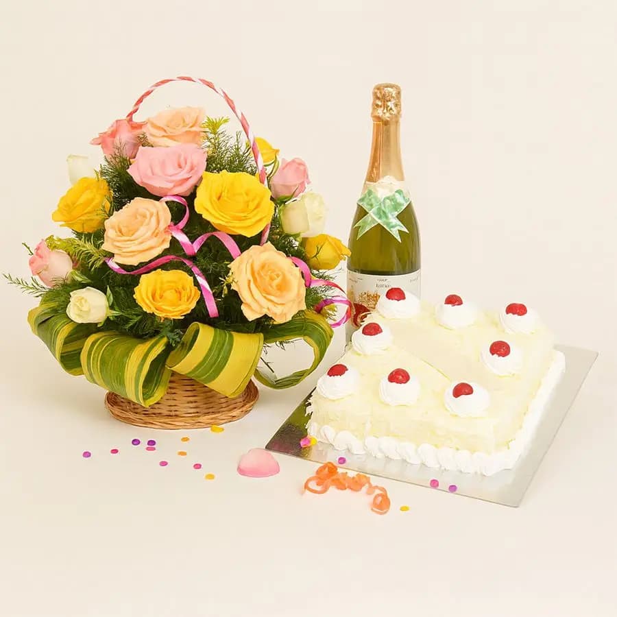 Charming Blossom Basket with Cake and Refreshment