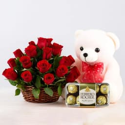 Elegant Red Rose Bouquet with Adorable Plush Bear 1