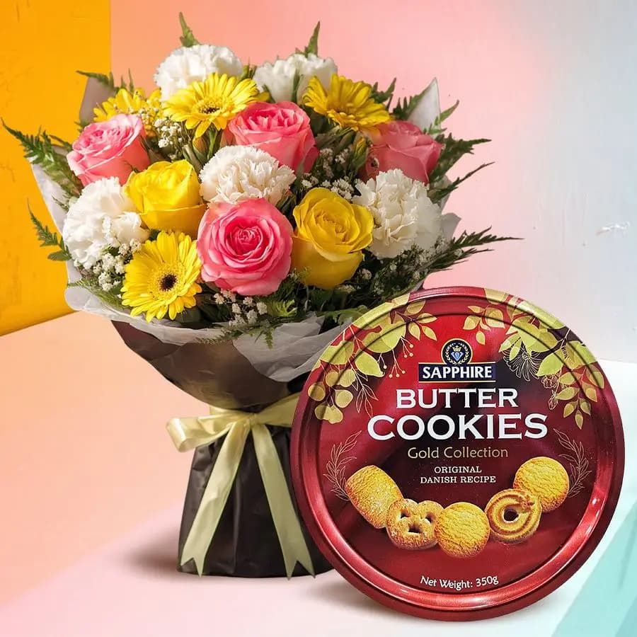 Joyful Blooms with Gourmet Cookie Delight