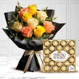 Elegant Peach & Yellow Rose Bouquet with Gourmet Chocolates 1