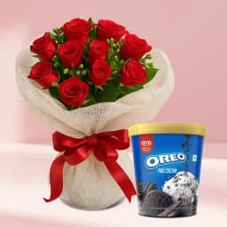 Beautiful Red Roses Bouquet with Kwality Walls Oreo Ice Cream Tub 1