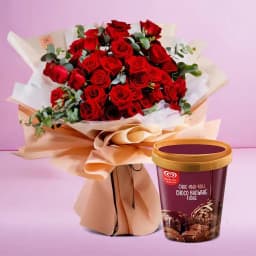 Expressive Red Roses with Kwality Walls Choco Brownie Fudge Ice Cream 1