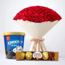 Stunning Red Roses Bouquet with Kwality Walls Oreo Ice Cream n Ferrero Rocher 1