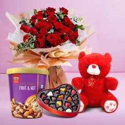 Gorgeous Red Roses n Kwality Walls Twin Flavor Ice Cream with Teddy n Handmade Chocolates 1
