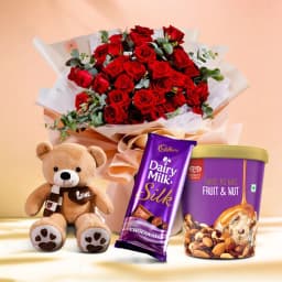 Captivating Red Roses Bouquet with Kwality Walls Twin Flavor Ice Cream n Teddy 1