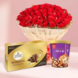 Mesmerizing Red Rose with Kwality Walls Twin Flavor Ice Cream n Ferrero Moments 1