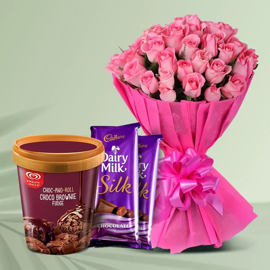 Lovely Pink Roses n Kwality Walls Choco Brownie Fudge Ice Cream with Cadbury Silk