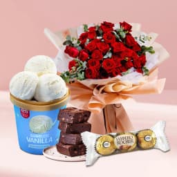 Mesmerizing Red Roses n Kwality Walls Vanilla Ice Cream with Brownie n Ferrero Rocher 1