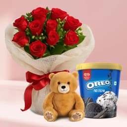 Exquisite Red Roses Bouquet with Kwality Walls Oreo n Cream Ice Cream n Teddy 1