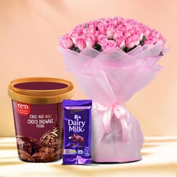 Luxurious Pink Roses n Kwality Walls Choco Brownie Ice Cream with Cadbury Chocolates 1