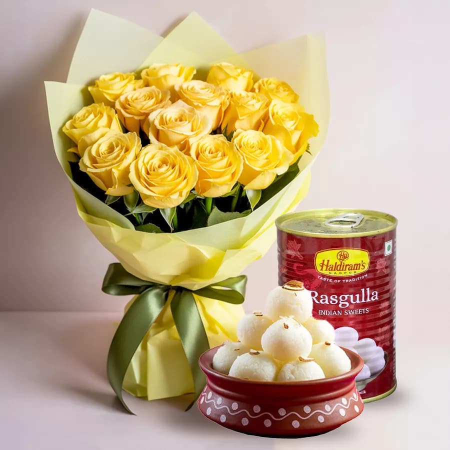 Elegant Bouquet of Yellow Roses with Haldiram Rasgulla for Mom
