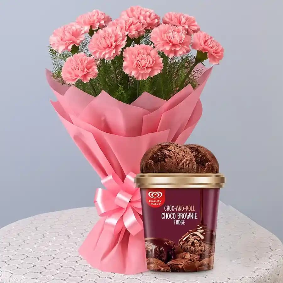 Delicate Pink Carnations Bouquet with Choco Brownie Fudge Ice Cream from Kwality Walls