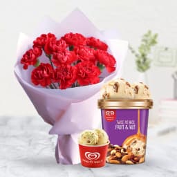 Tender Red Carnations Bouquet with Fruit n Nut Ice-Cream from Kwality Walls 1