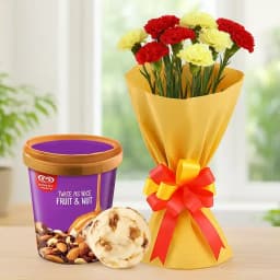 Delightful Red n Yellow Carnations Bouquet with Fruit n Nut Ice-Cream from Kwality Walls 1