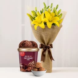 Majestic Yellow Lilies Bouquet with Choco Brownie Fudge Ice Cream from Kwality Walls 1