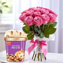 Sweet Pink Roses Bouquet with Fruit n Nut Ice-Cream from Kwality Walls 1