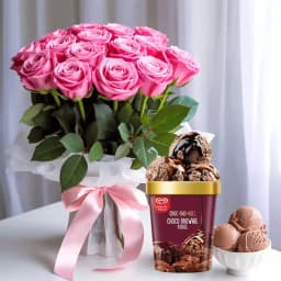 Amazing Pink Roses Bouquet with Choco Brownie Fudge Ice Cream from Kwality Walls 1