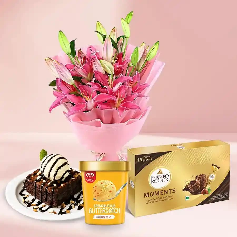 Chocolicious Brownie N Pink Lilies with Kwality Walls Butterscotch Ice Cream