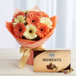 Fascinating Cool White N Reddish Pink Gerberas in a Glass Vase N Ferrero Rocher Moment 1