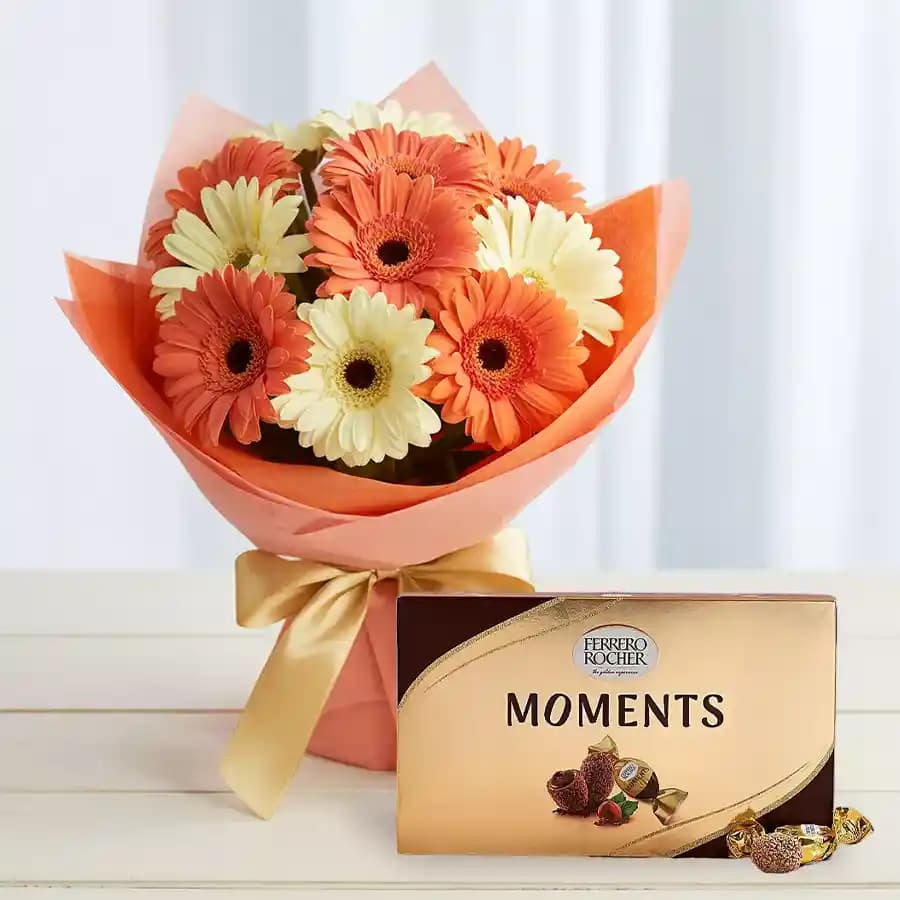 Fascinating Cool White N Reddish Pink Gerberas in a Glass Vase N Ferrero Rocher Moment