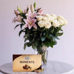 Classy Lilies n Roses in Glass Vase N Ferrero Rocher Moment 1