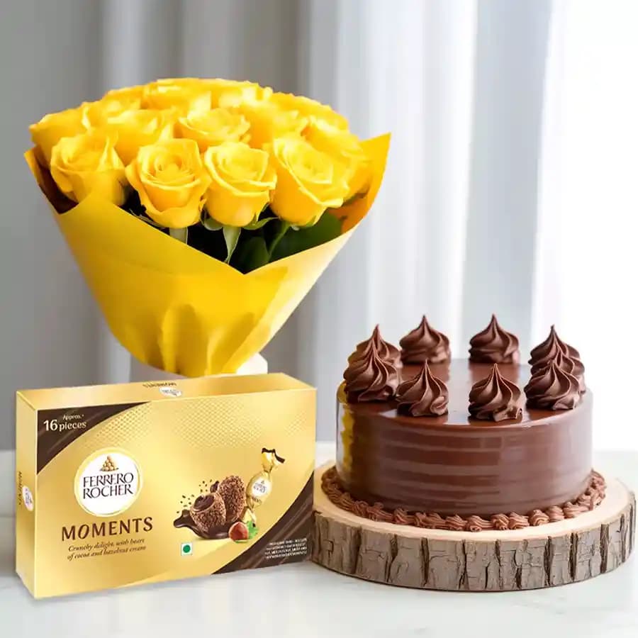 Yummy Chocolate Cake with Yellow Rose Bouquet N Ferrero Rocher Moment