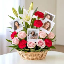 Exclusive Mixed Flowers N Personalized Photos Basket 1