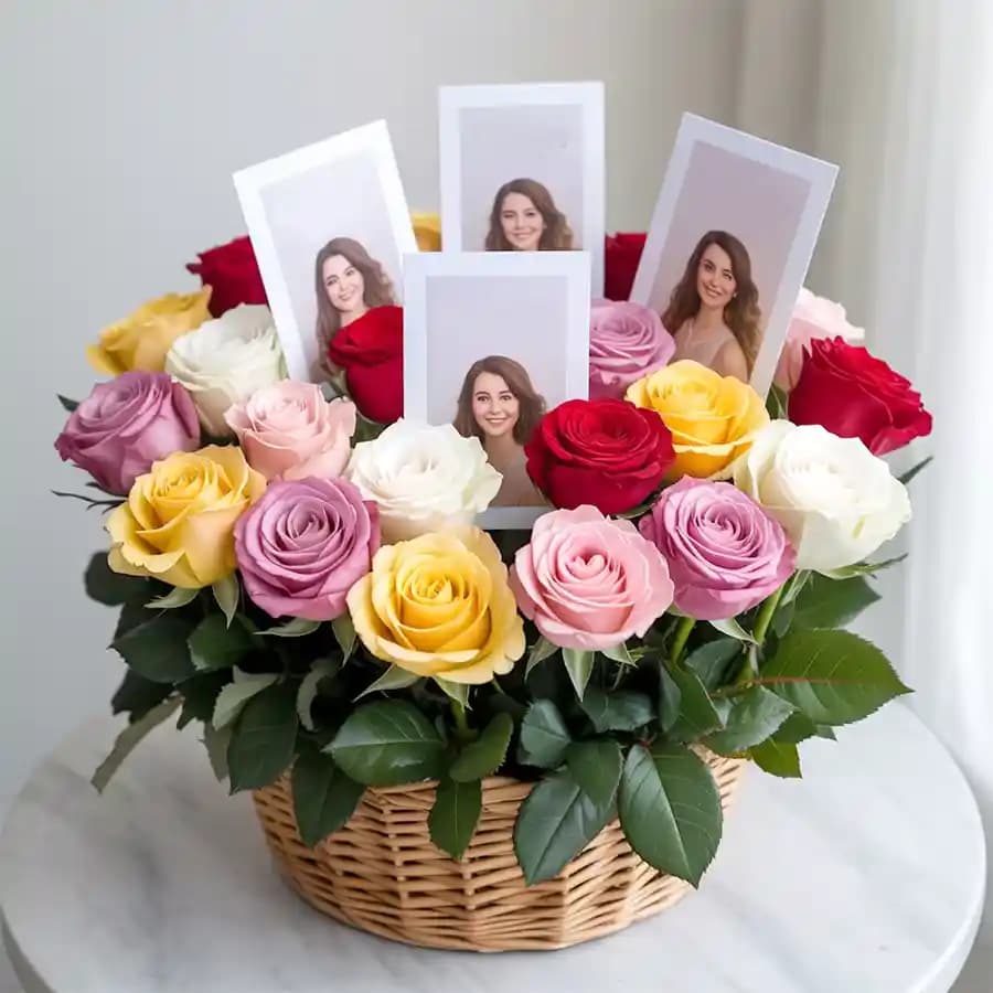 Amazing Personalized Pics N Mixed Roses Basket