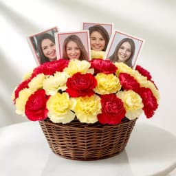 Splendid Red n Yellow Carnations n Personalized Photos Basket 1