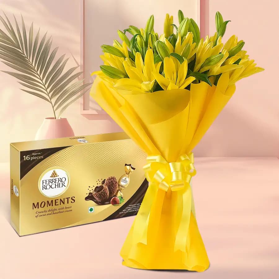Bright Bouquet of Yellow Lilies with Ferrero Rocher Moments