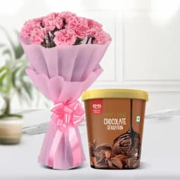Charming Pink Carnation Bouquet with Kwality Walls Chocolate Ice Cream 1