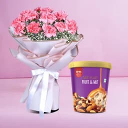 Glorious Pink Carnation Bouquet with Kwality Walls Fruit n Nut Ice Cream 1