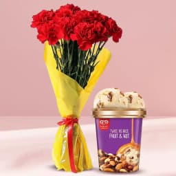 Exquisite Bouquet of Red Carnation with Kwality Walls Fruit n Nut Ice Cream 1
