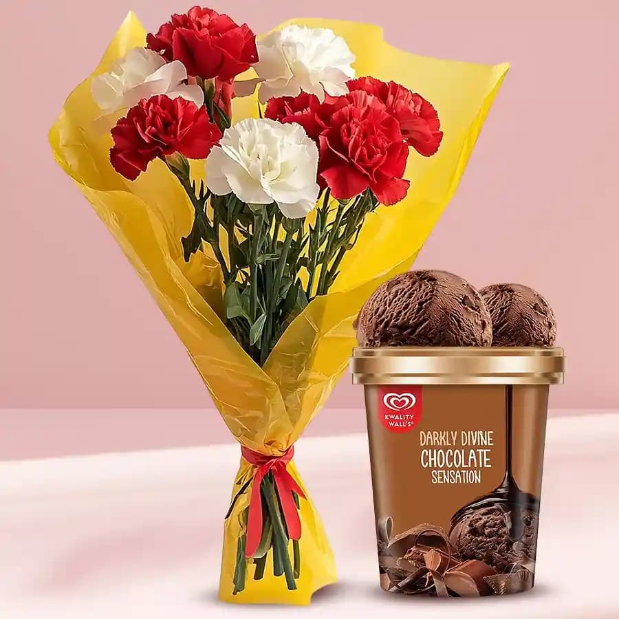 Amazing Assorted Carnations Bouquet with Chocolate Ice-Cream from Kwality Walls