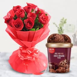 Soft Red Rose Bouquet with Choco Brownie Fudge Ice Cream from Kwality Walls 1
