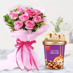 Vibrant Pink Roses Bouquet with Fruit n Nut Ice-Cream from Kwality Walls 1