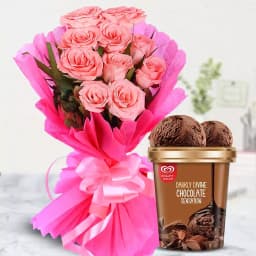 Radiant Pink Rose Bouquet with Chocolate Ice-Cream from Kwality Walls 1