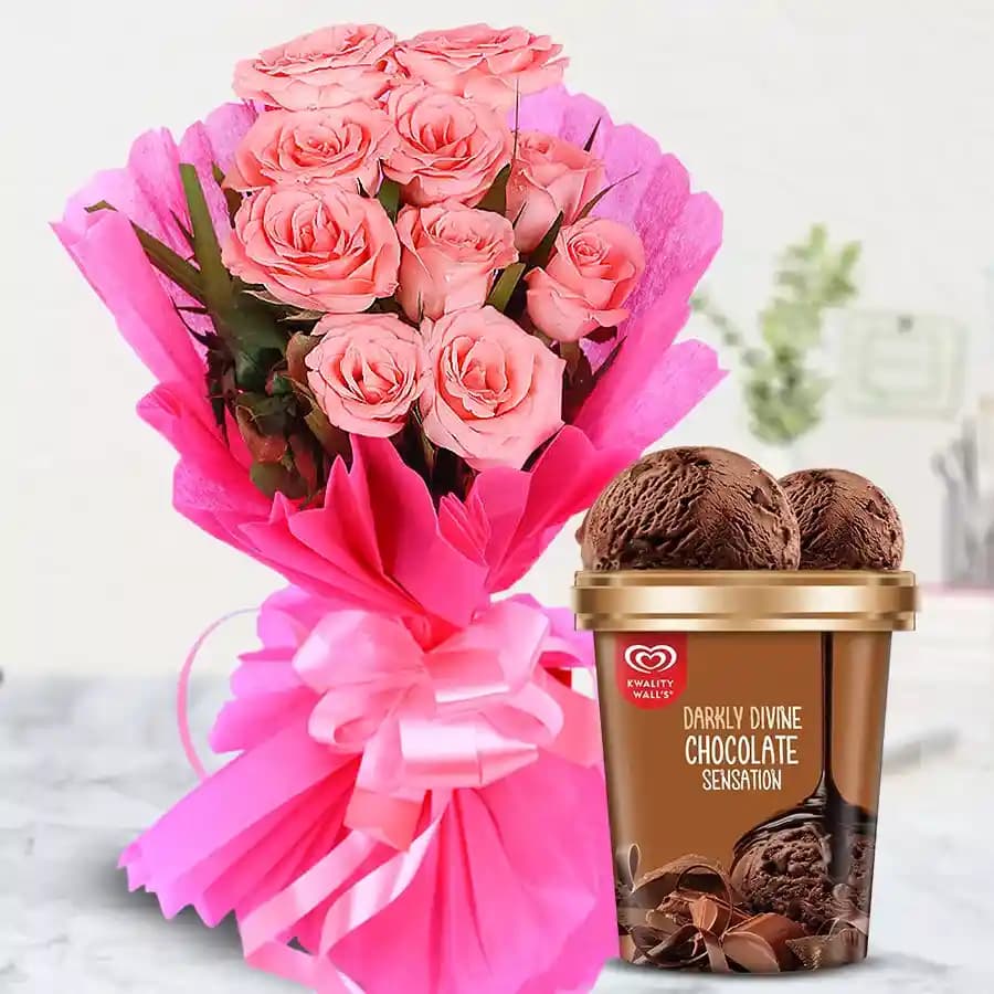 Radiant Pink Rose Bouquet with Chocolate Ice-Cream from Kwality Walls