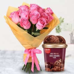 Exotic Pink Rose Bouquet with Choco Brownie Fudge Ice Cream from Kwality Walls 1