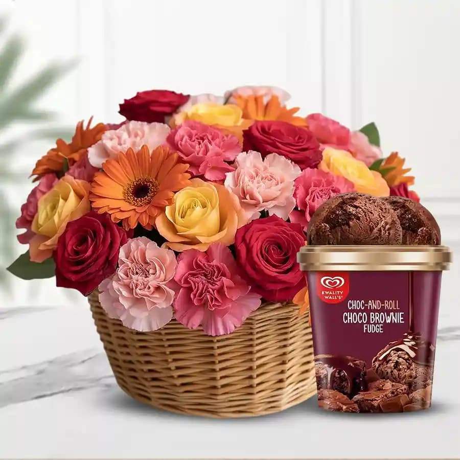 Colourful Flowers Bouquet with Choco Brownie Fudge Ice Cream from Kwality Walls