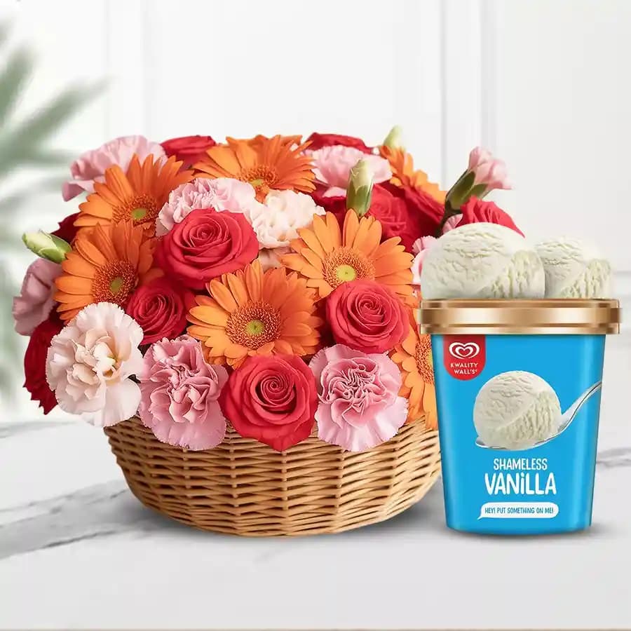 Beautiful Arrangement of Mixed Flower with Vanilla Ice Cream from Kwality Walls