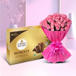 Elegant Pink Roses Bouquet with Ferrero Rocher Moment Chocolate Box 1
