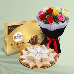 Delightful Mixed Roses Bouquet with Kaju Barfi N Ferrero Rocher Moments 1