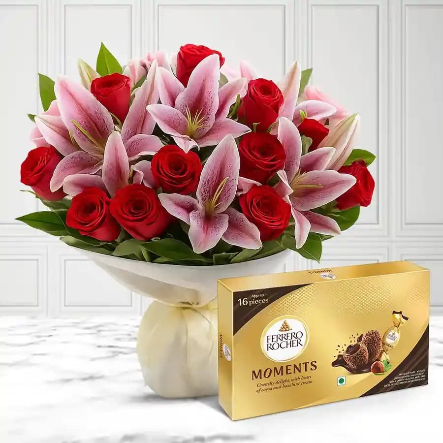 Precious Lilies N Roses Bouquet with Ferrero Rocher Moments