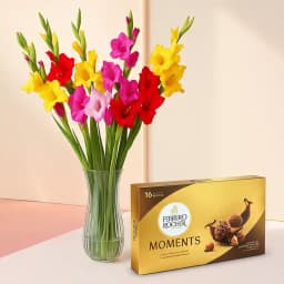 Wonderful Assorted Gladiolus in Glass Vase with Ferrero Rocher Moments 1