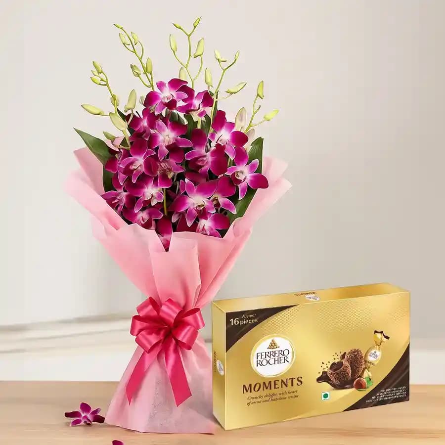 Eye Catching Bouquet of Orchids with Ferrero Rocher Moments