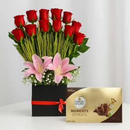 Alluring Red Roses n Pink Lilies Gift Box with Ferrero Rocher Moments 1